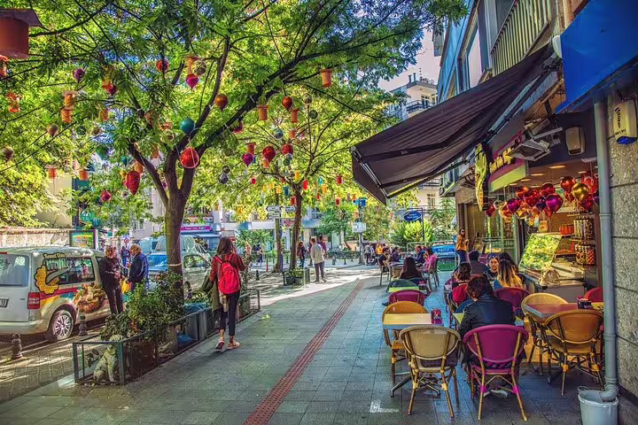 Kadıköy street café under colorful lanterns, Istanbul Asian side local tour food and culture walk