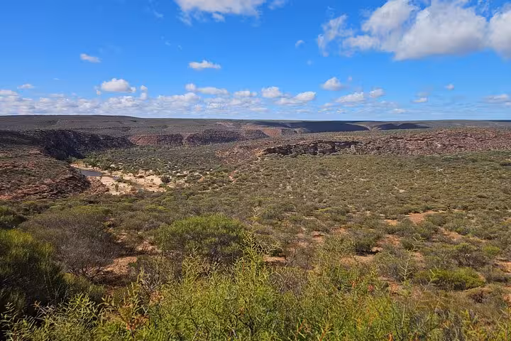 Expansive landscape of Kalbarri National Park with rolling hills and green vegetation under a blue sky.