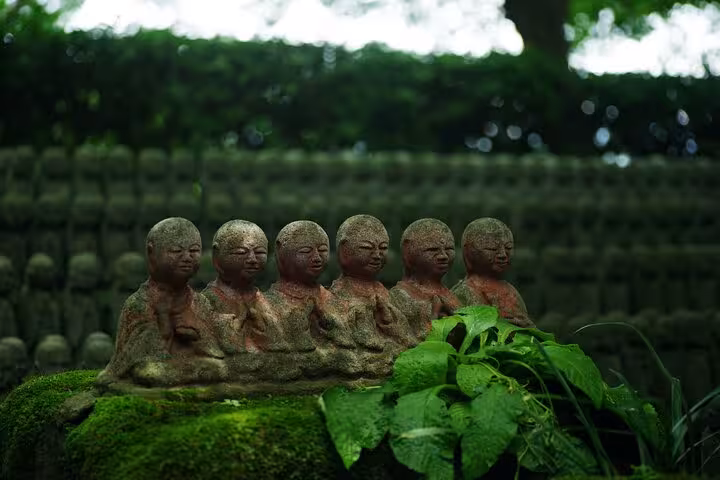 Moss-covered Jizo statues nestled in greenery at a tranquil temple in Kamakura, featured on the Tokyo to Kamakura tour.
