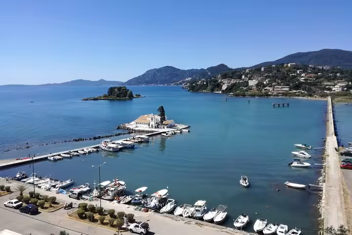 Aerial view of Kanoni marina and Mouse Island near Corfu Town, scenic stop on Top 5 of Corfu tour