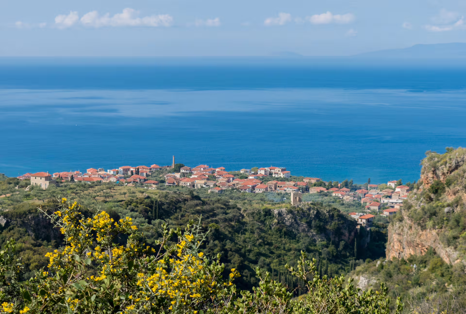 Panoramic view of Kardamyli village and the Messinian Gulf from a scenic hiking trail in Mani, Greece