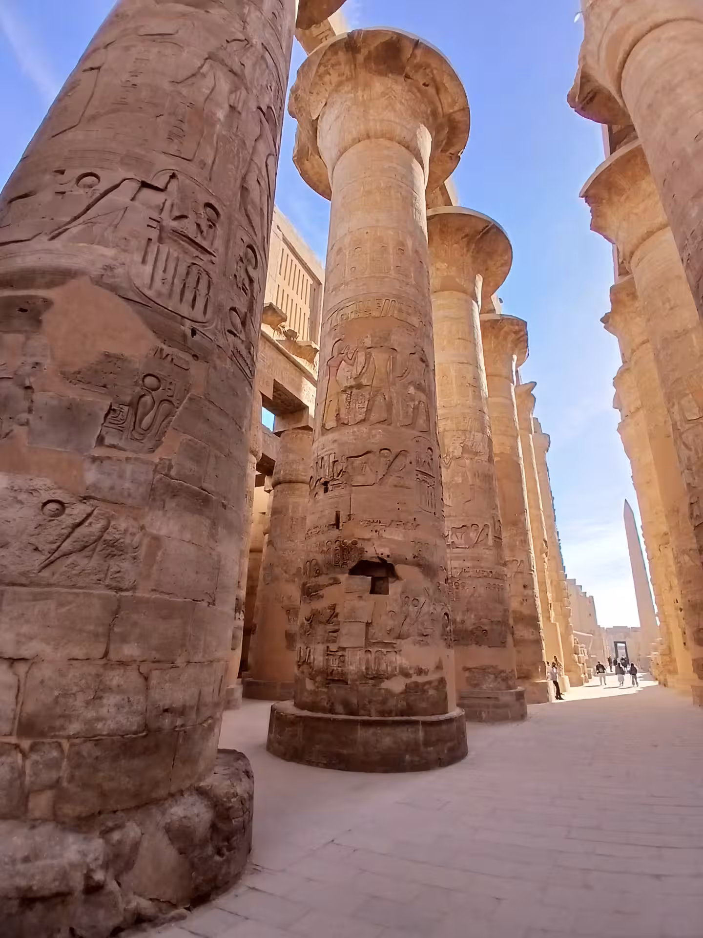 Majestic stone columns with intricate carvings at Karnak Temple, a must-see on Luxor and Aswan multi-day trips.