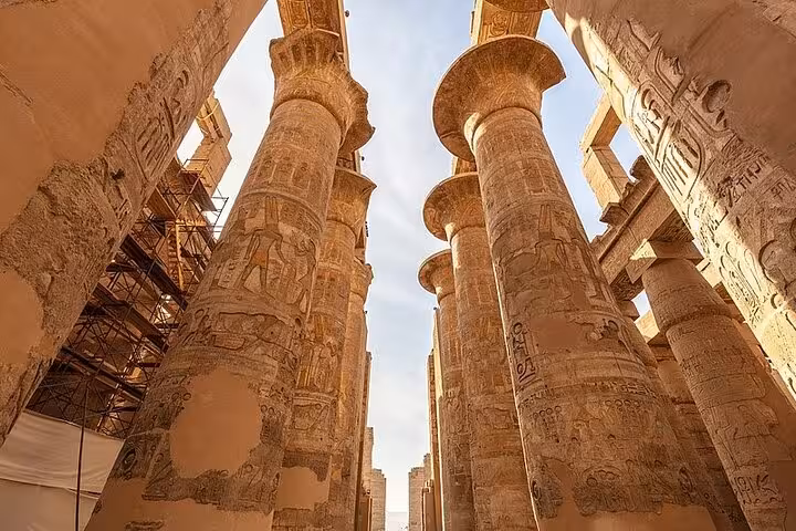 Towering Karnak Temple columns in Luxor, Egypt, visited on a private full-day Luxor sightseeing tour with lunch