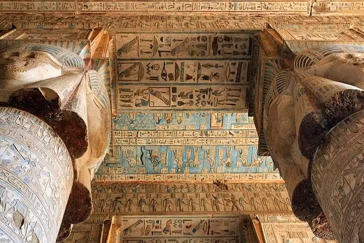 Ceiling hieroglyphs and massive columns inside Karnak Temple on a private full-day Luxor tour with lunch