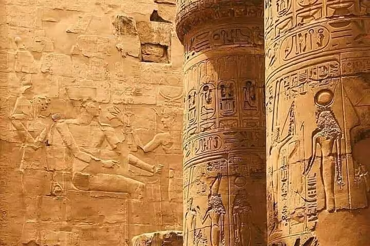 Close-up of Karnak Temple hieroglyphs and carved columns on a private full-day Luxor tour with lunch