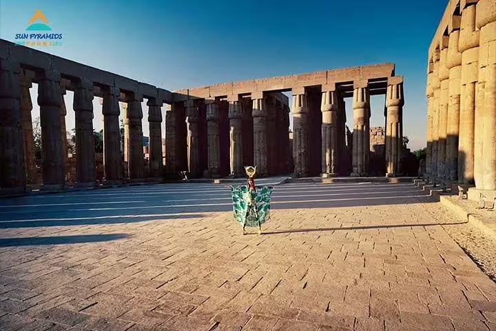 Wide view of Karnak Temple courtyard in Luxor, Egypt on a private fly-in tour from Cairo with guide