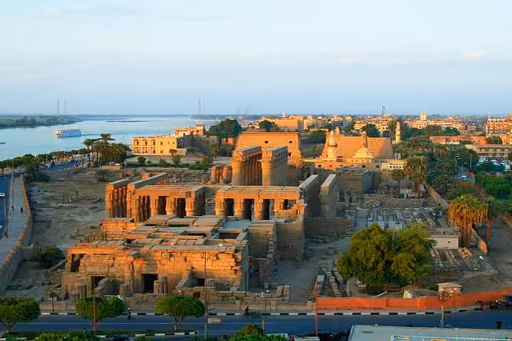 Aerial view of Karnak Temple and the Nile in Luxor, perfect add-on to private felucca to Banana Island