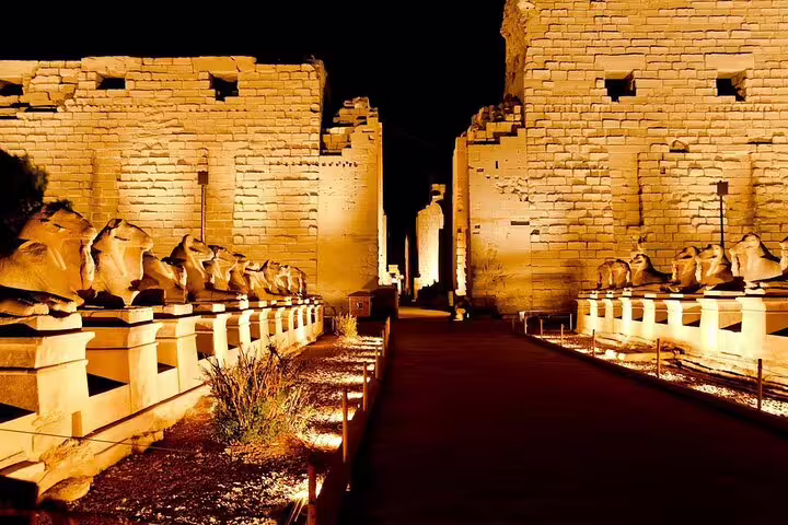 Illuminated ram-headed sphinxes and pylons at Karnak Temple during the Luxor Sound and Light Show tour