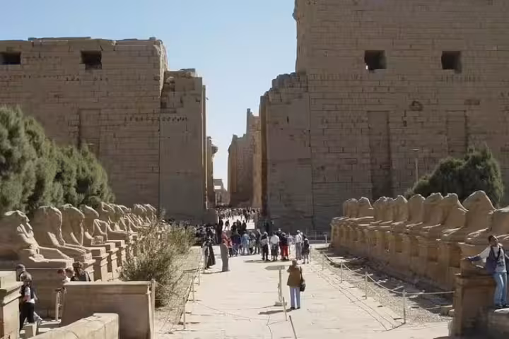 Karnak Temple sphinx avenue in Luxor on private 2-night sleeper train tour from Cairo, day trip sightseeing