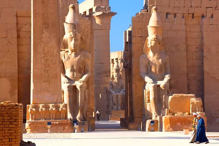 Imposing statues at Karnak Temple in Luxor offer a glimpse into ancient Egyptian architecture and heritage tours.