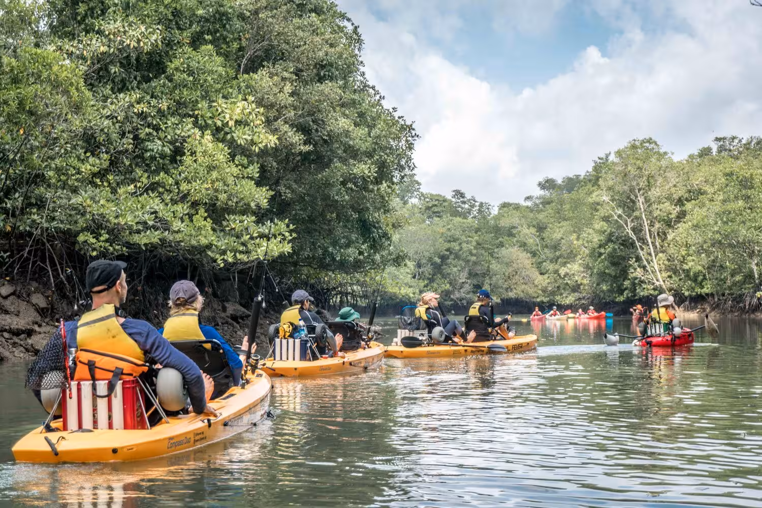Group of kayakers explore Pulau Ubin mangroves on a kayak fishing adventure, surrounded by dense greenery and calm waters.