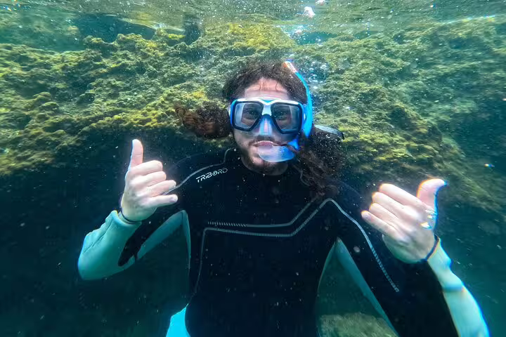 Underwater snorkeler exploring vibrant marine life during a kayak and snorkeling adventure in Lisbon, wearing a wetsuit and mask.