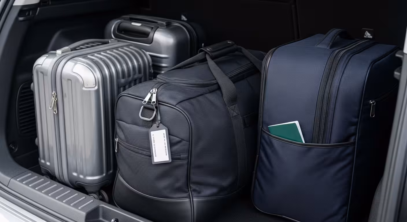 Luggage, including a suitcase and backpacks, securely stored in the trunk of a private taxi, showing ample space for airport transfers.