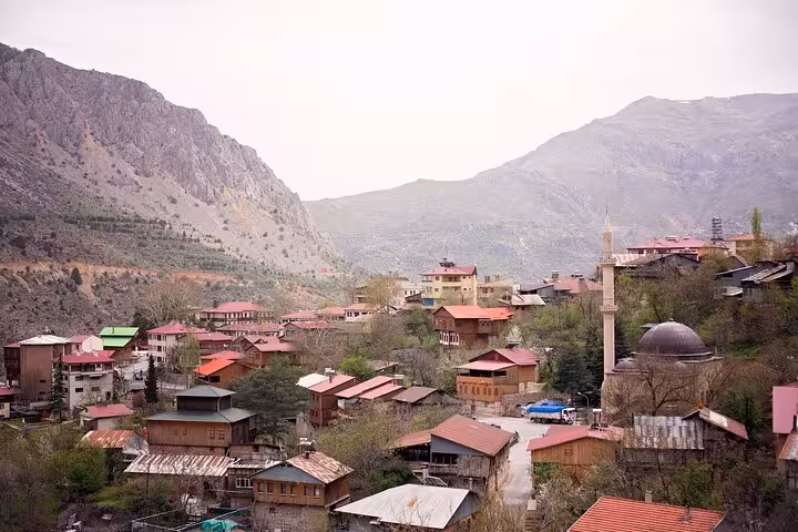 Panoramic view of Kemaliye town rooftops and mosque, scenic stop on an all-inclusive private 2-day tour from Erzincan