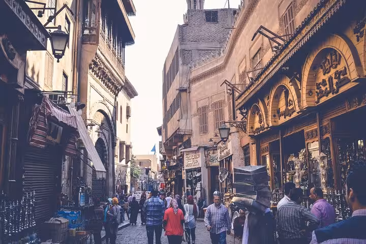 Bustling Khan El Khalili bazaar street in Cairo, a stop on the 5-day Temple of Hatshepsut tour from Cairo
