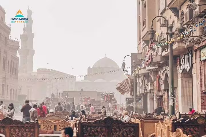 Bustling Khan El Khalili bazaar in Islamic Cairo, cultural visit on 15 days 14 nights Holy Family tour Egypt