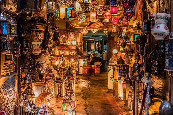 Colorful lantern shop in Khan El-Khalili Bazaar, Cairo, a highlight of Citadel and Coptic Cairo tour