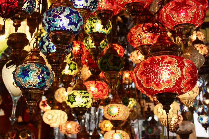 Colorful mosaic lanterns at Khan El Khalili bazaar, Cairo, on a 4-hour El Moez Street shopping tour