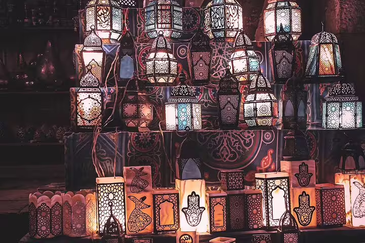 Traditional Cairo lanterns at Khan el-Khalili market, colorful shopping on day tour from Aswan to Cairo by flight