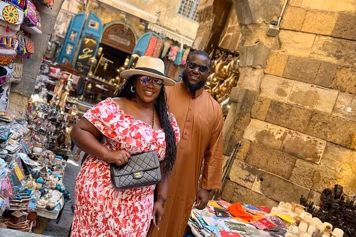 Tour guests shopping at Khan El Khalili market in Islamic Cairo on private Giza Pyramids and museum tour