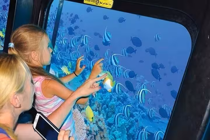 Kids pointing at colorful reef fish from underwater cabin window on Hurghada semi-submarine Red Sea tour