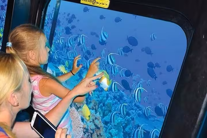 Kids pointing at colorful tropical fish and coral through Hurghada semi-submarine window on Red Sea reef tour