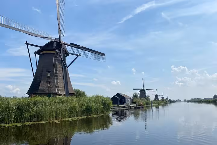 Kinderdijk windmills along the canal, iconic photo stop on a private tour from Amsterdam to Kinderdijk