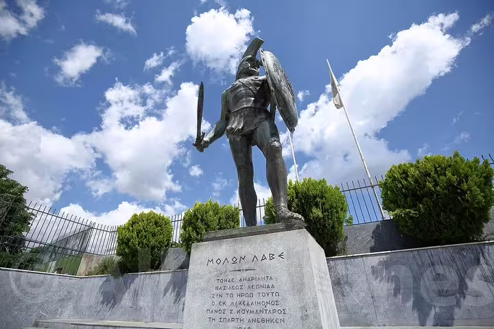 Statue of King Leonidas in Sparta under blue skies, must-see stop on a Sparta full day tour of Laconia