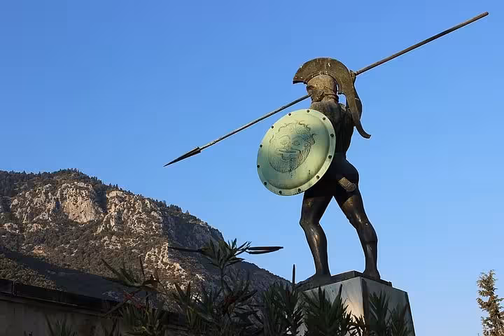 Statue of King Leonidas at Thermopylae with spear and shield, stop on a luxury private trip from Athens