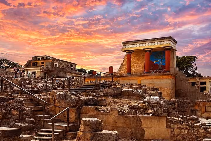 Knossos Palace ruins at sunset near Heraklion, highlight of a 7-day private guided Crete tour