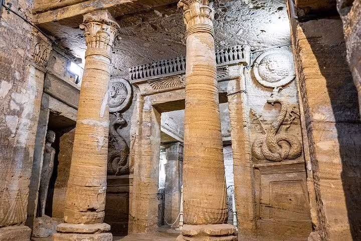 Kom El Shoqafa Catacombs interior with carved pillars on private Alexandria day tour from Cairo with lunch