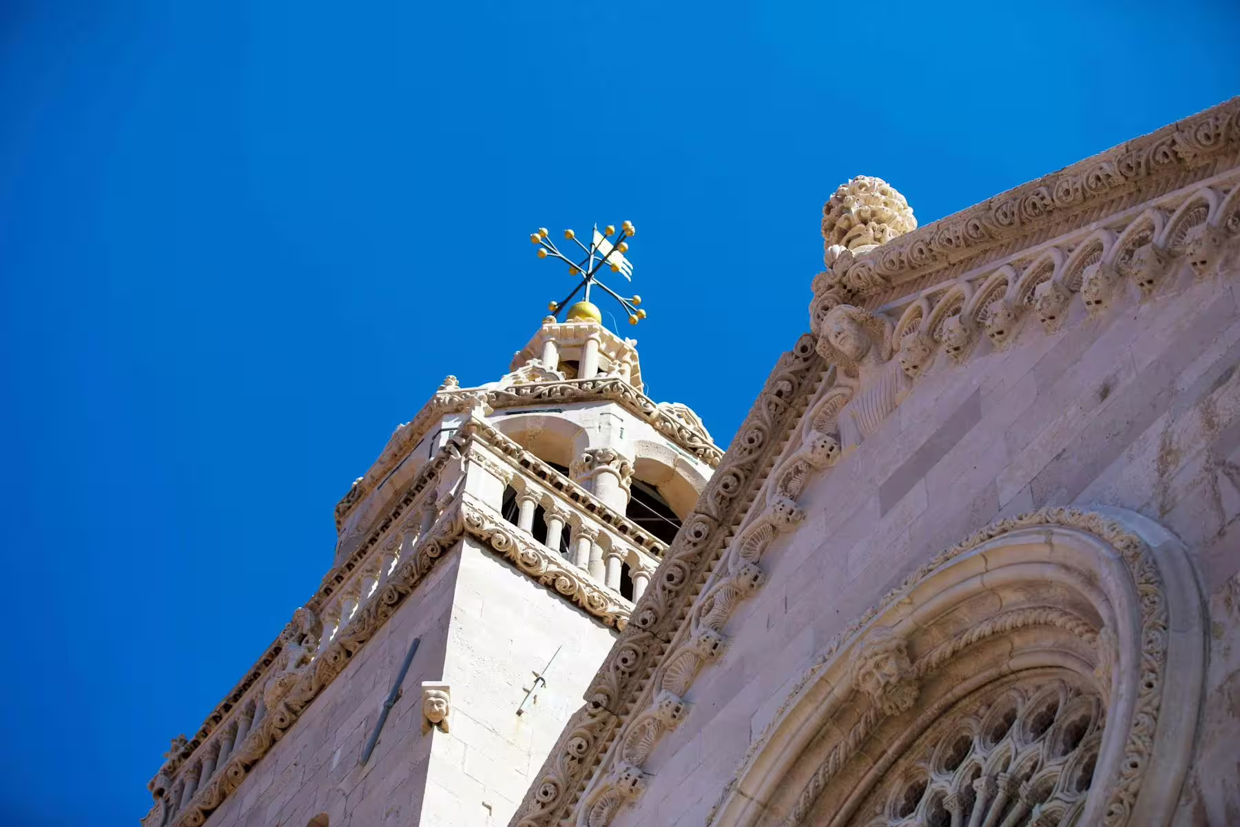 Korcula Old Town cathedral tower detail on Legends of Peljesac & Korcula day tour from Dubrovnik