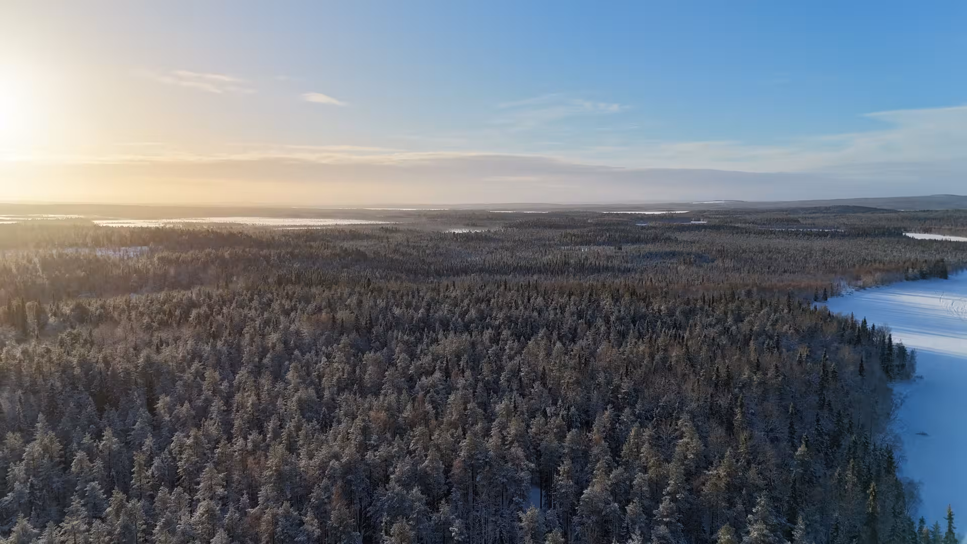 Aerial view of Korouoma's snow-covered forest landscape under a bright winter sunrise.