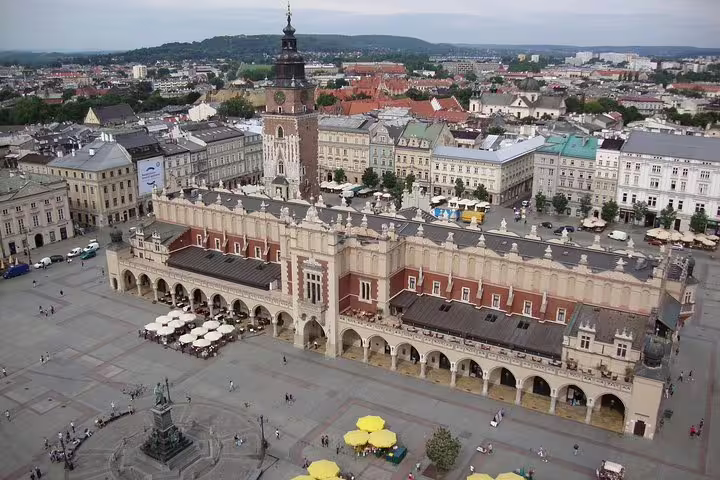 Aerial view of Krakow Main Market Square and Cloth Hall, highlight of private half-day Krakow sightseeing tour