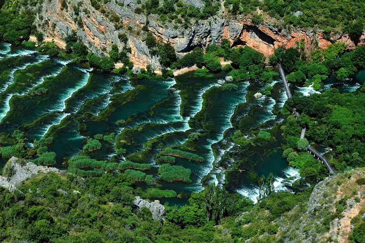 Aerial view of Krka National Park cascades and boardwalk, Croatia, on a Krka waterfalls day tour