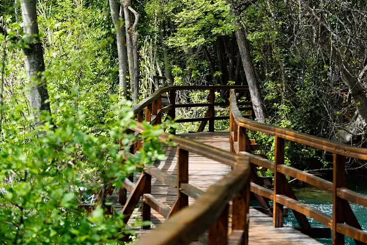 Wooden boardwalk trail through lush forest at Krka National Park on a private shore excursion from Split