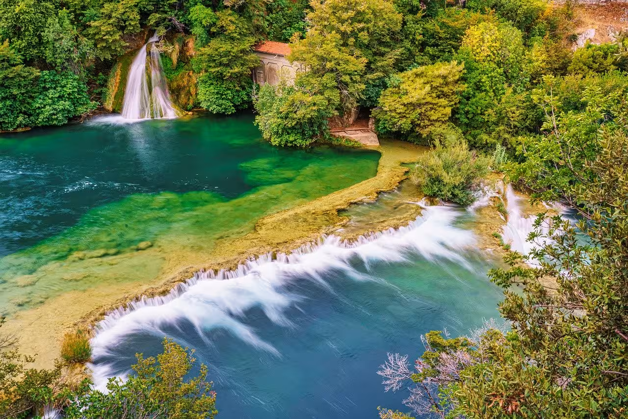 Krka National Park waterfalls and emerald pools near Skradin on Krka Waterfalls, lake cruise and old town tour