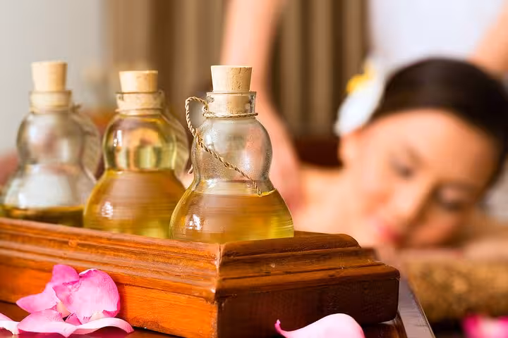 Aromatherapy oils and wooden tray at Kusadasi Turkish hamam, perfect add-on to private Ephesus day tour