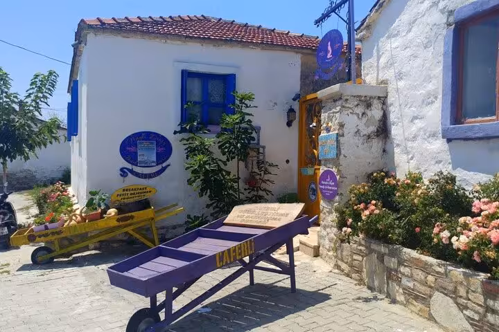 Colorful Turkish village street near Kusadasi Port with whitewashed houses and flower-lined courtyard