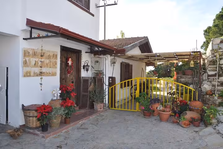 Traditional village home courtyard on Kusadasi Port private tour, with potted flowers and rustic gate