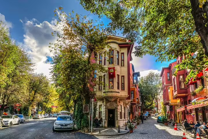 Colorful Kuzguncuk neighborhood street in Istanbul Asian side, local walking tour of historic houses