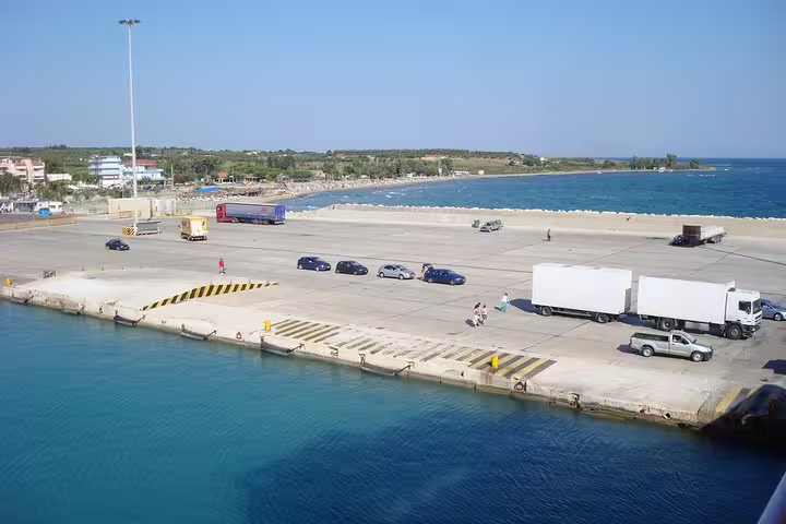 Port of Kyllini waterfront terminal, pickup point for private transfer to Athens with driver and luggage space