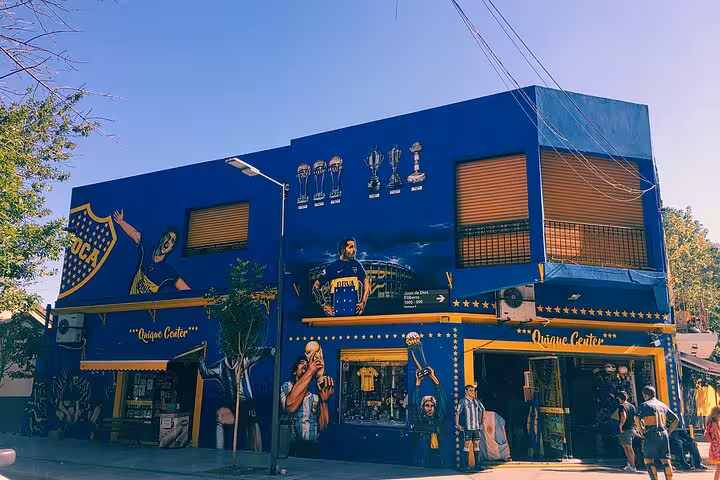 La Boca street scene outside Boca Juniors Museum shop in Buenos Aires, key stop on guided local tour