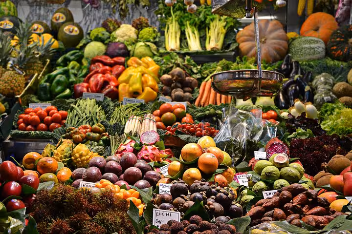Colorful produce at La Boqueria Market near the Gothic Quarter, a highlight on Barcelona Old Town tours