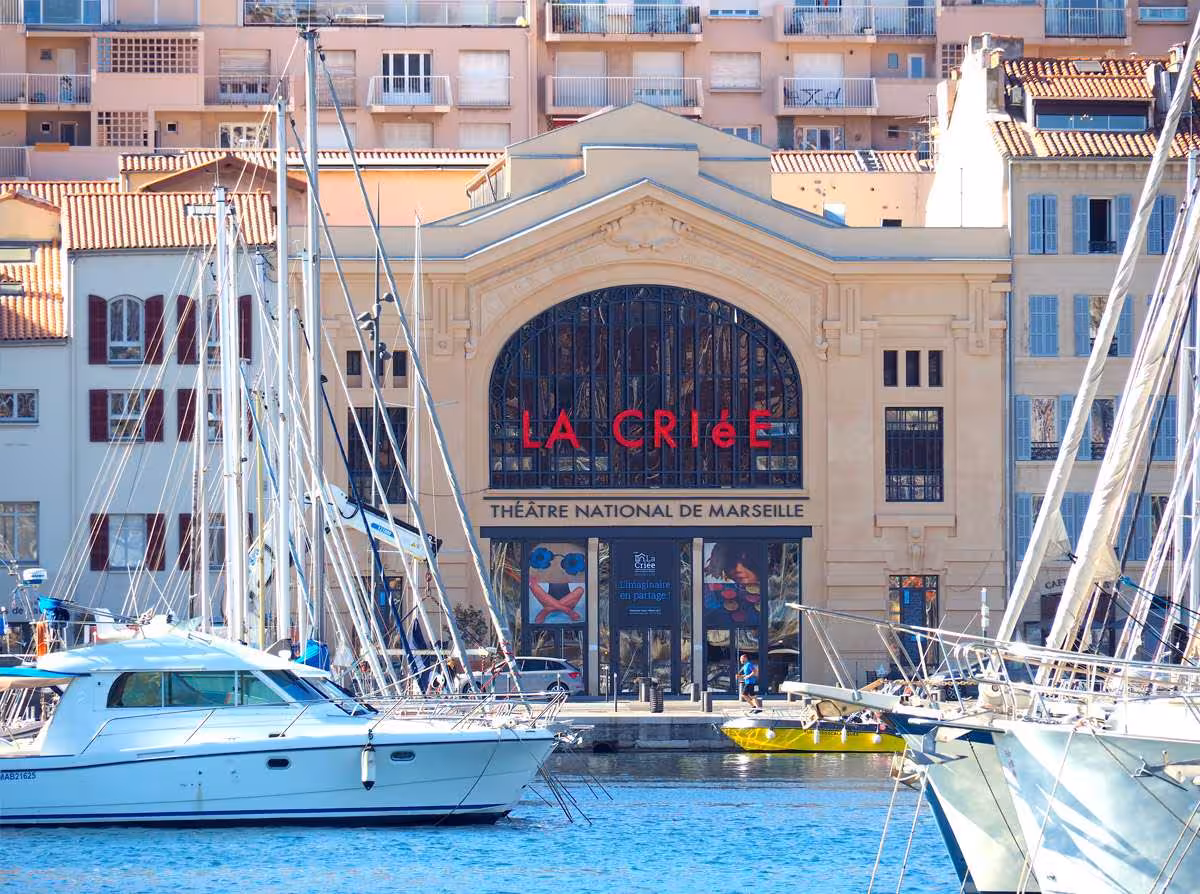 La Criée theatre by Vieux-Port marina, Marseille urban hike route from St Victor Abbey to the sea