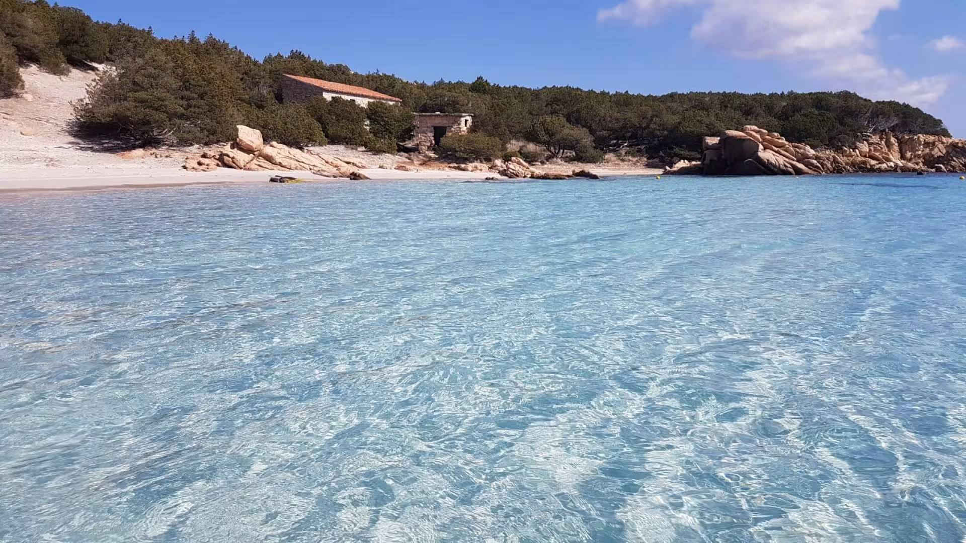 Crystal-clear waters and sandy beach on an island in the La Maddalena Archipelago.