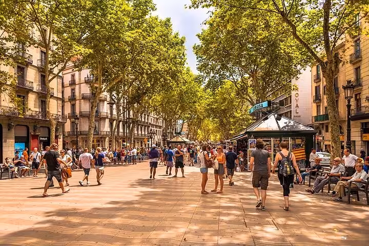Tree-lined La Rambla in Barcelona near Gothic Quarter, lively promenade on Old Town walking tour