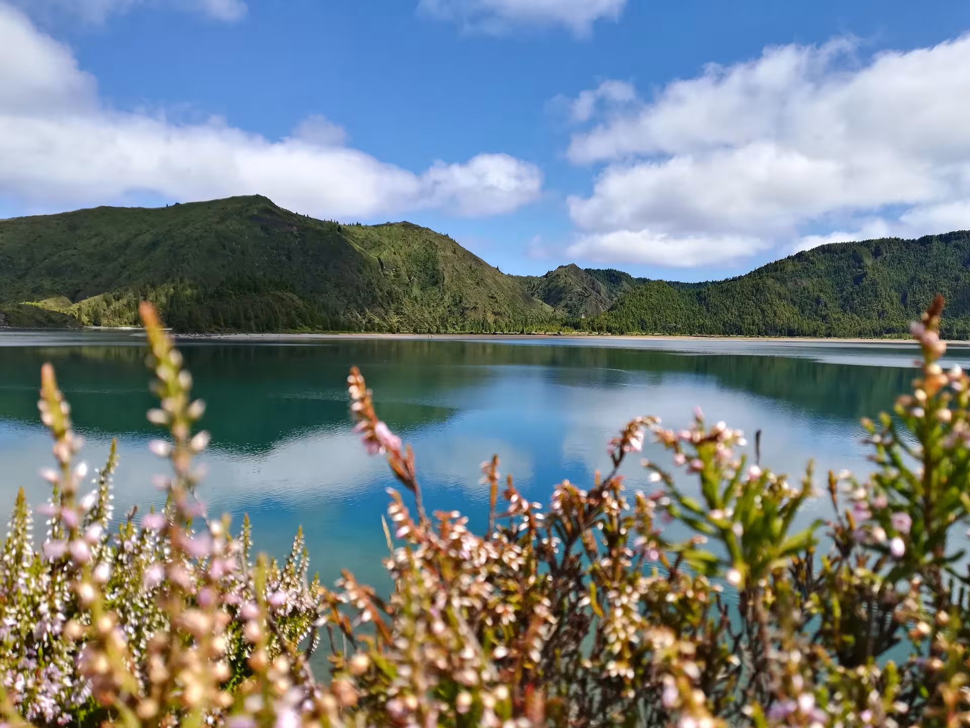 Panoramic view of Lagoa do Fogo crater lake from the walking trail on a full-day hike in São Miguel, Azores