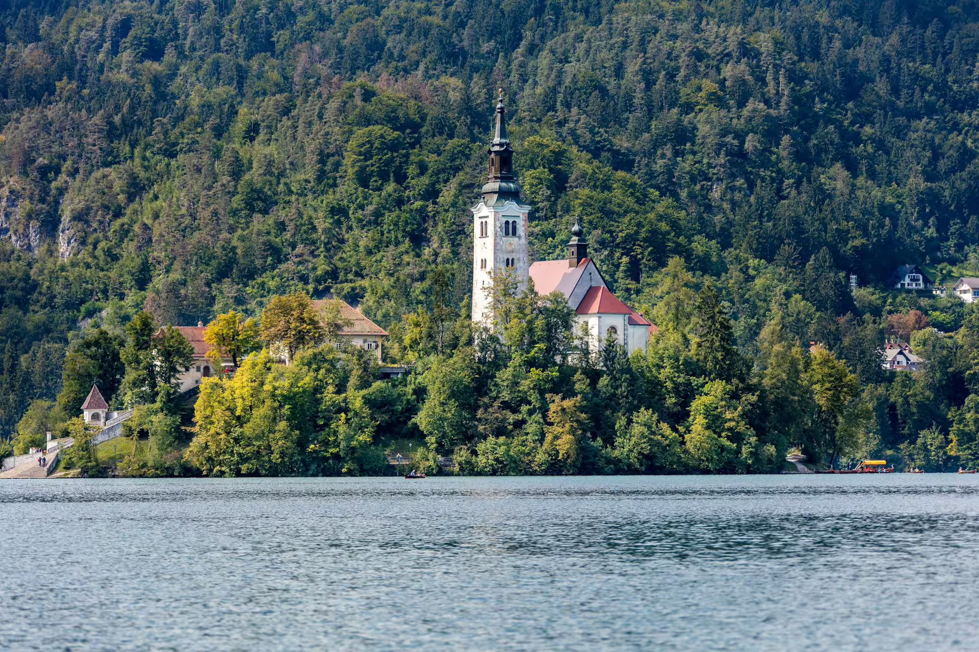 Lake Bled summer tour view of Bled Island Church and forested hills from the lakeshore in Slovenia