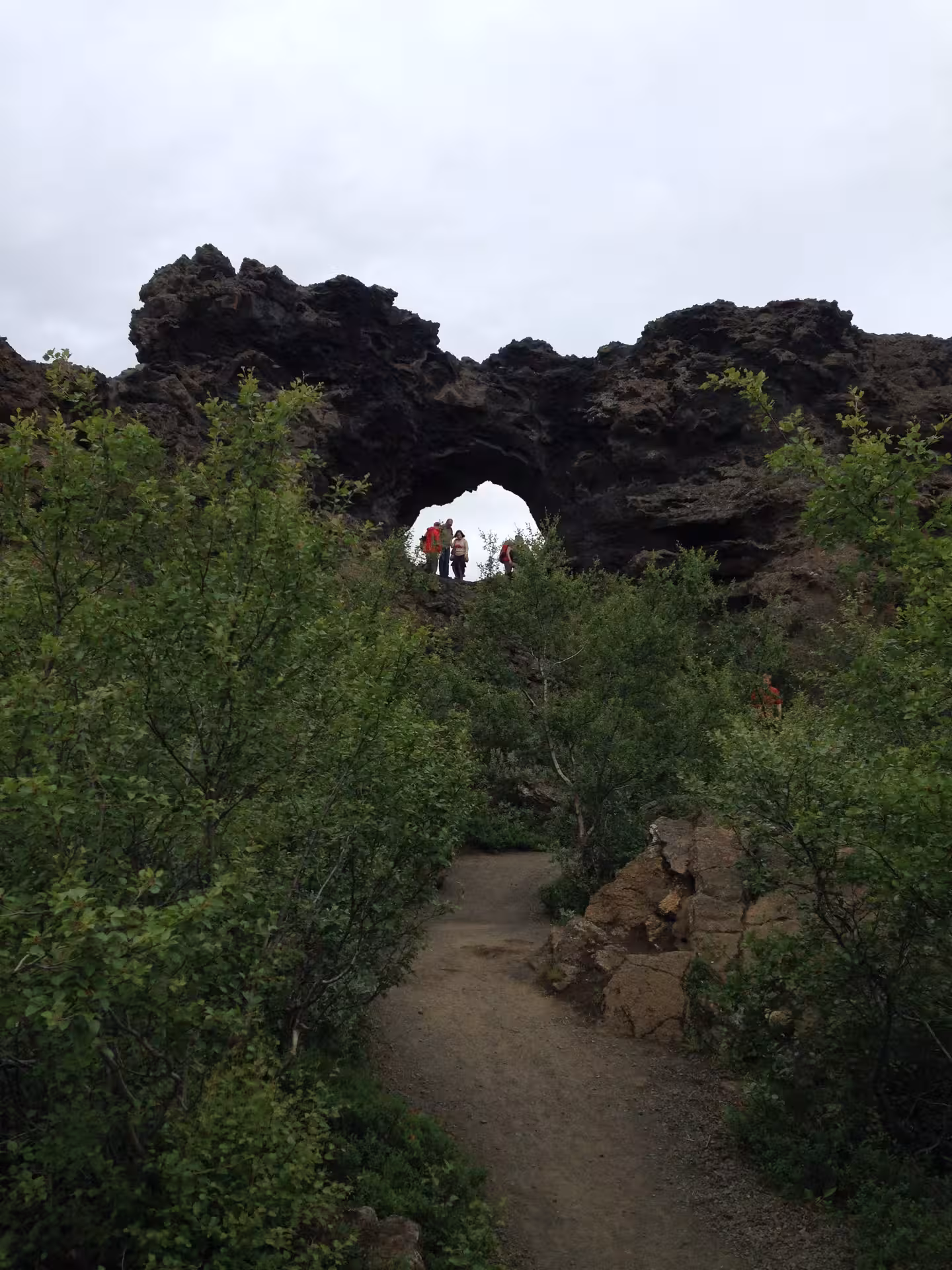 Scenic view of natural rock formations with tourists exploring Lake Myvatn area on a private combo day tour.